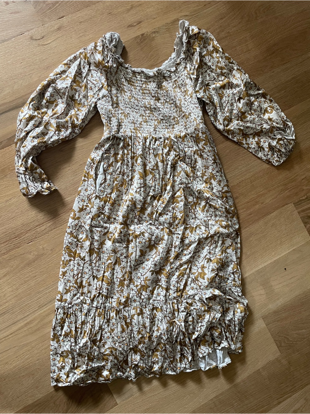 Roolee Cream and Mustard Smocked Floral Midi Dress